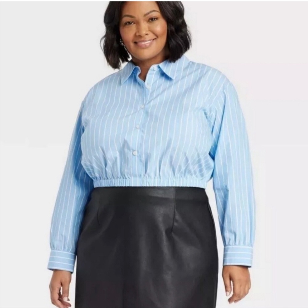 Ava & Viv Light Blue Pinstripe Cropped Button-Up Shirt